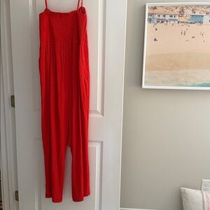 Anthropology Red Sleeveless Tie-Front Jumpsuit large spaghetti straps adj